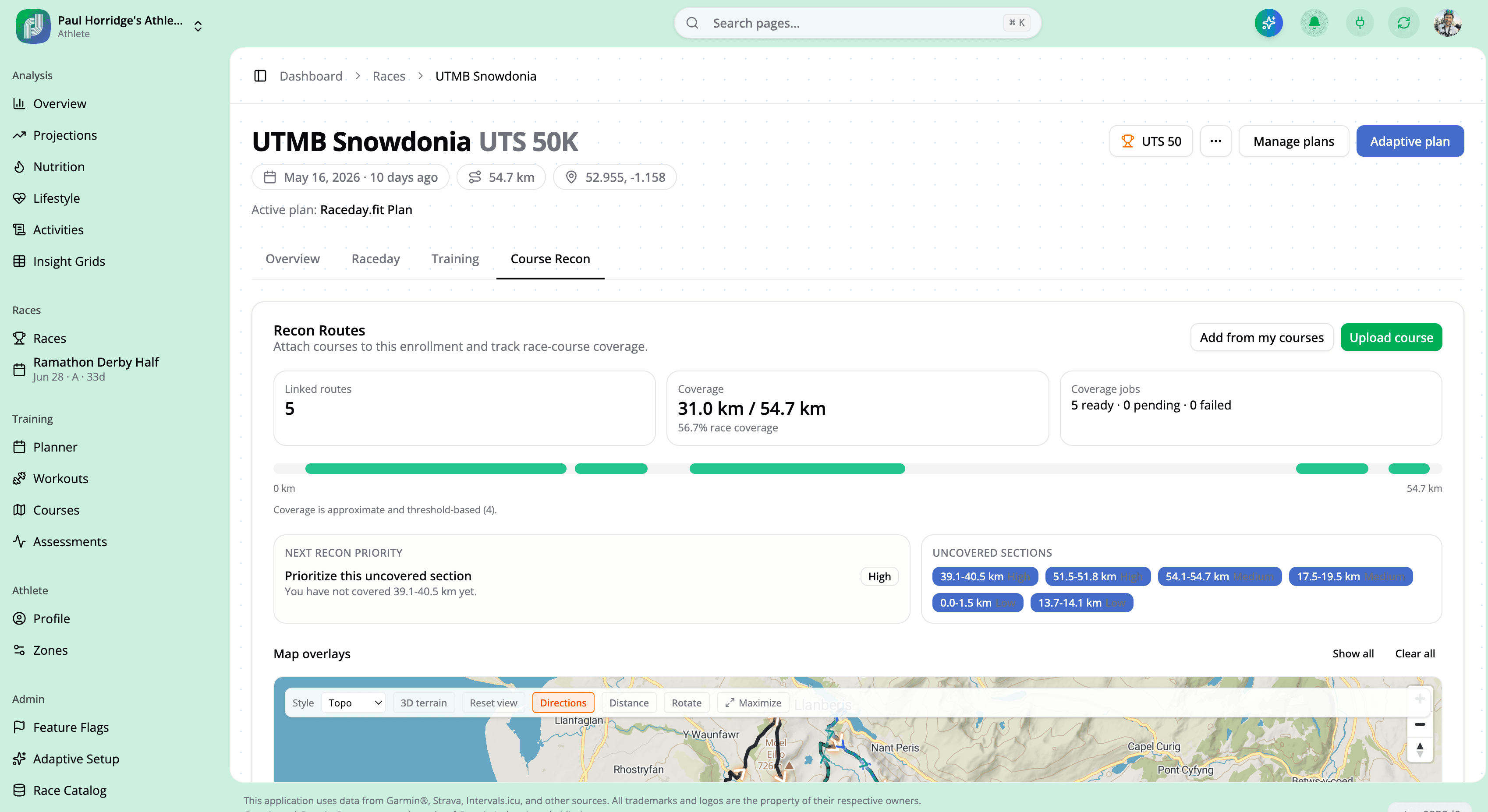 Race page showing UTMB Snowdonia UTS 50K course recon coverage and route gaps